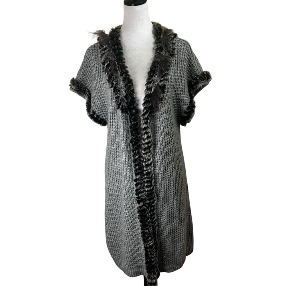 Alberto Makali Gray Knit Cardigan Vest w/ Real Rabbit & Fox Fur Trim Size L